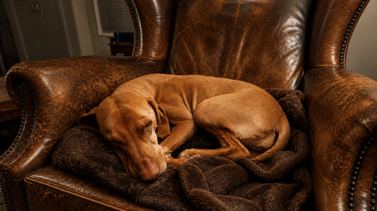 Office dog curled up in leather chair